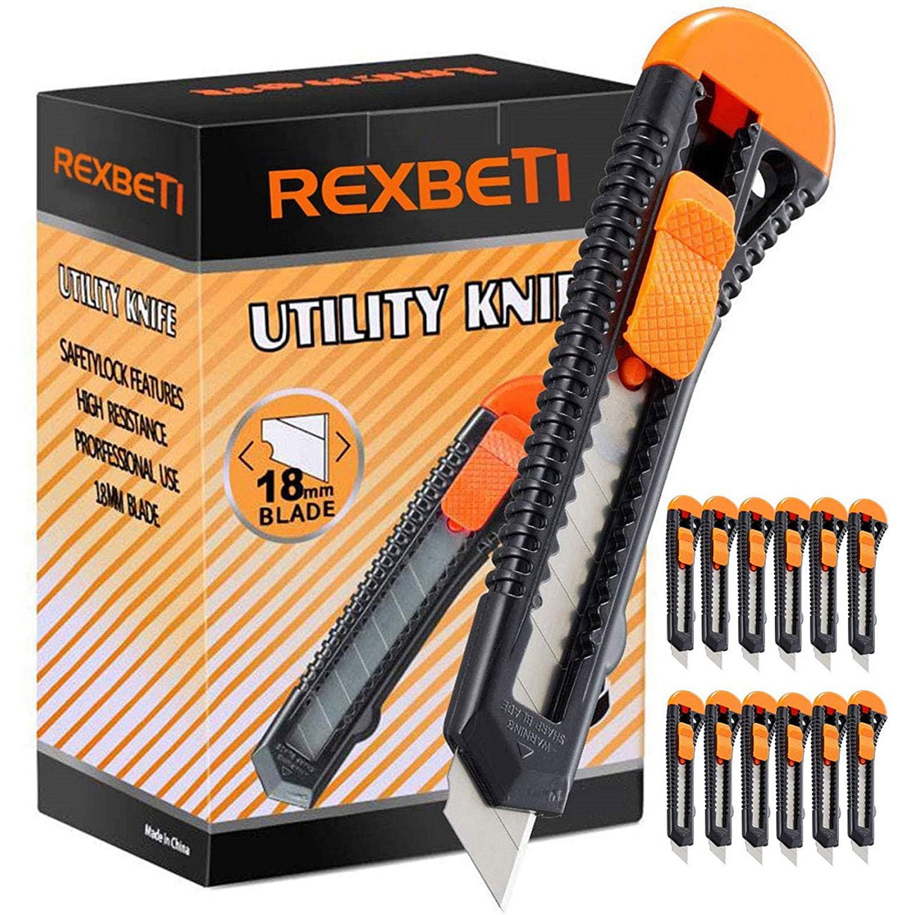 REXBETI 12-Pack Razor Blade Utility Knife Retractable Box Cutter