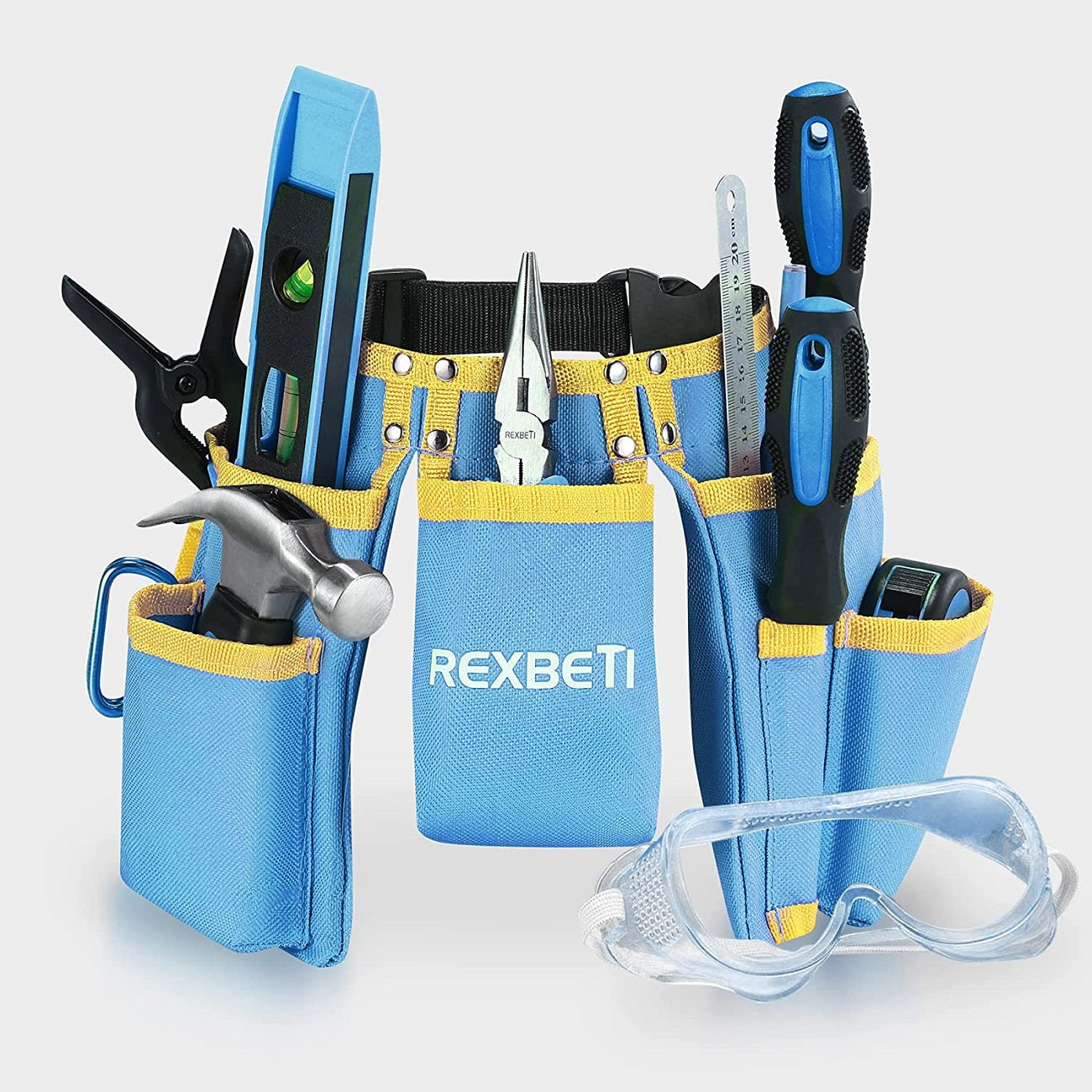 REXBETI 18pcs Blue Young Builder's Tool Set with Real Hand Tools, Rein