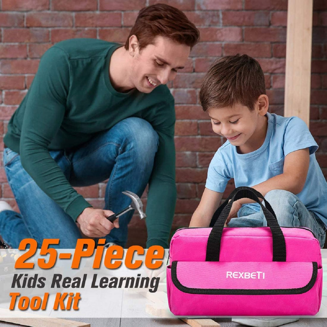 REXBETI 25-Piece Kids Tool Set with Real Hand Tools, Pink Storage Bag
