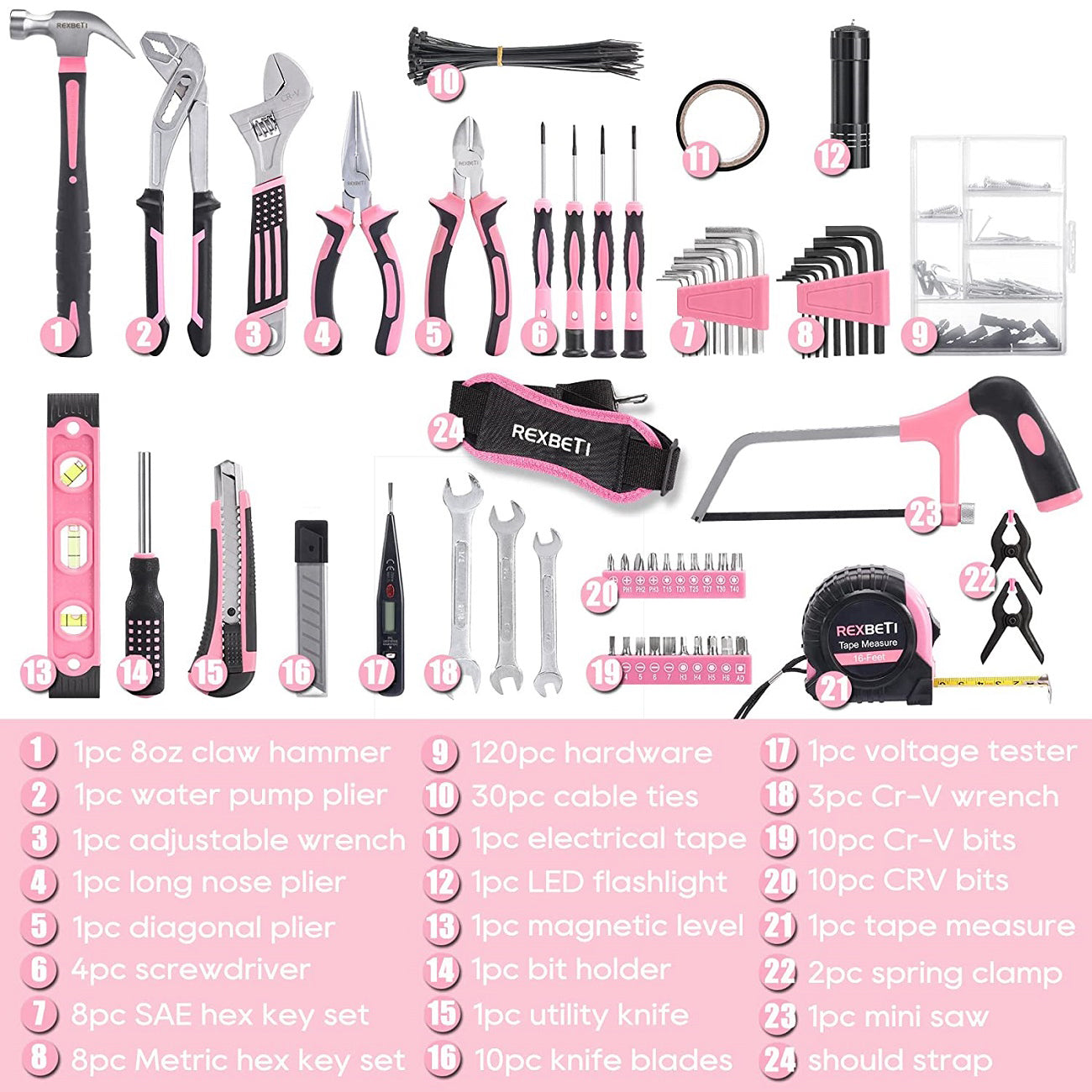 REXBETI 219-Piece Pink Tool Set, Ladies Hand Tool Set with 16 inch Too