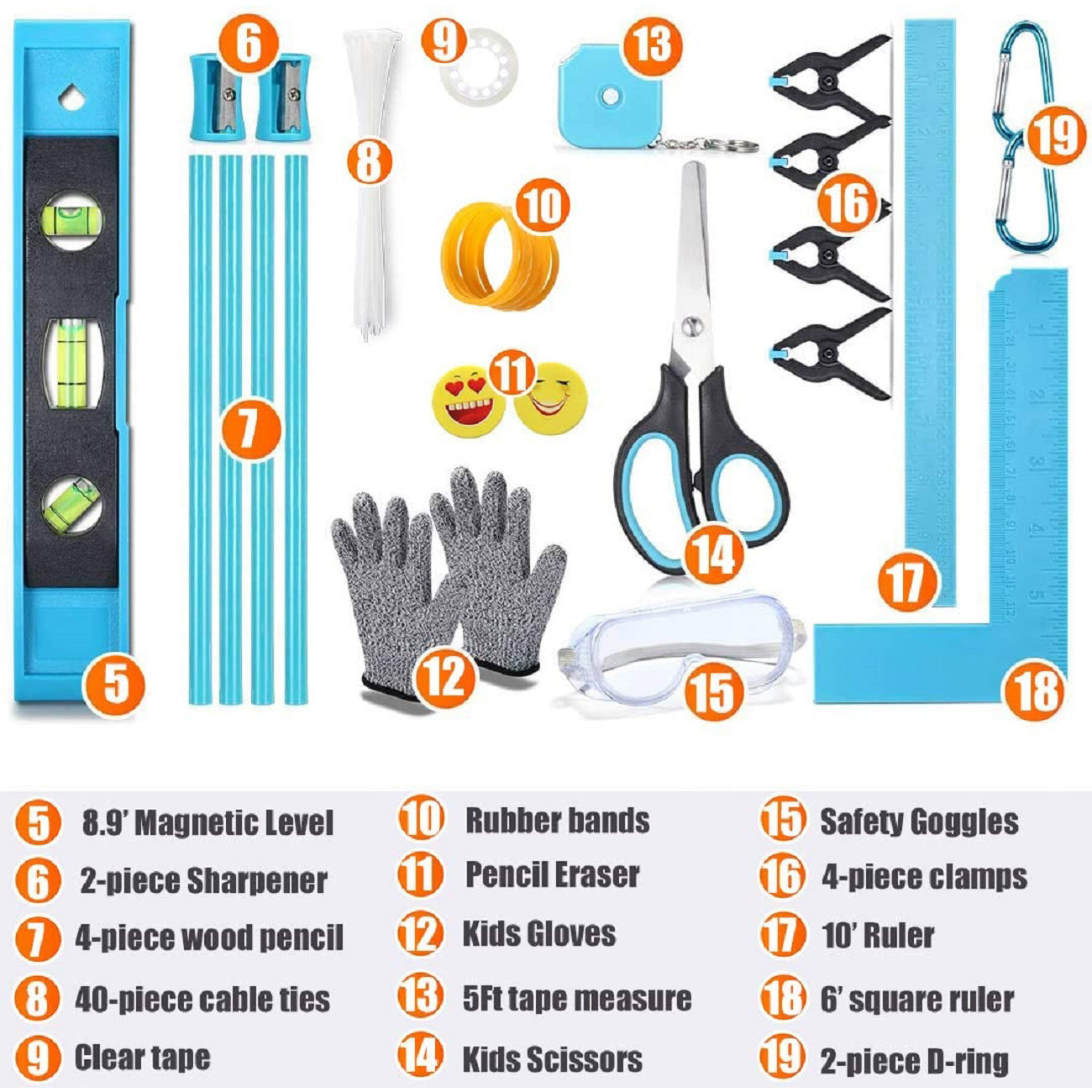 REXBETI 18pcs Blue Young Builders Tool Set with Real Hand Tools, Reinforced Kids Tool Belt, Waist 20-32, Kids Learning Tool Kit for Home DIY and.