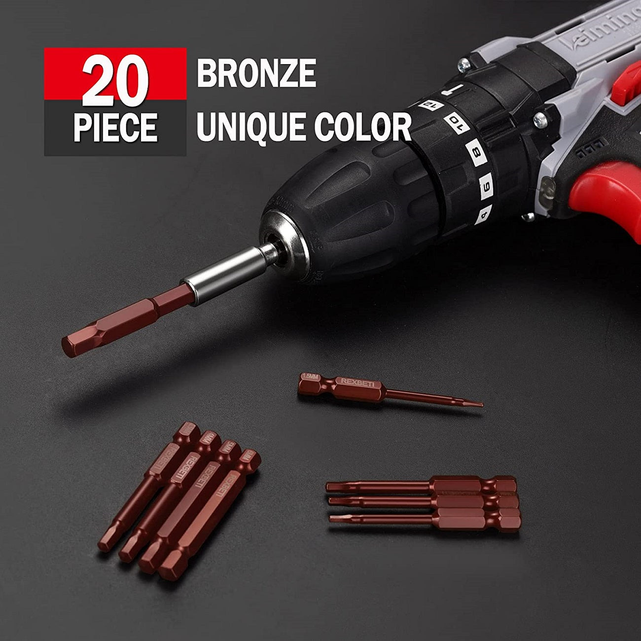 REXBETI 20 Piece Bronze Hex Head Allen Wrench Drill Bit Set