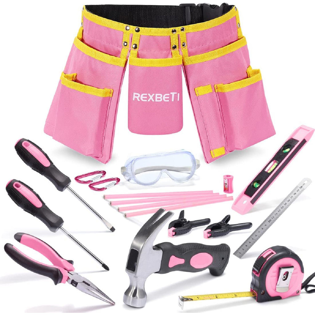 REXBETI 25-Piece Kids Tool Set with Real Hand Tools, Pink Durable Storage  Bag, Children Learning Tool Kit for Home DIY and Woodworking 