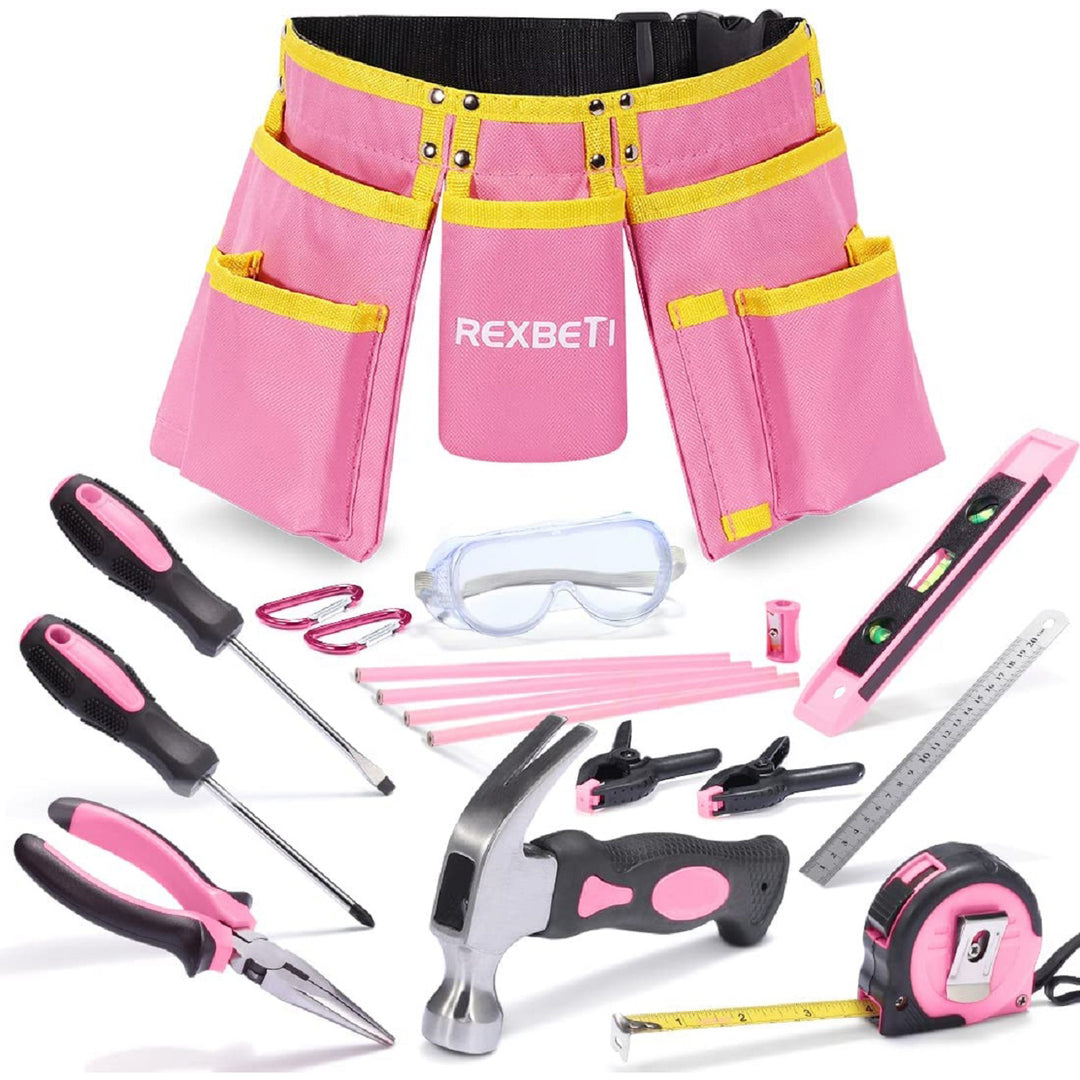 REXBETI 18pcs Pink Young Builder s Tool Set with Real Hand Tools Rein