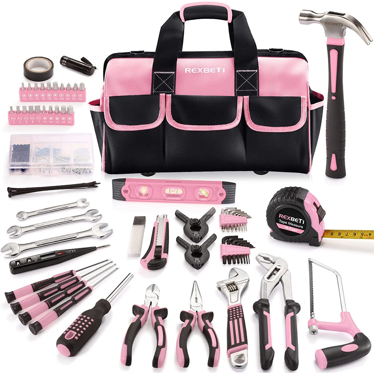Tools Set Colorful REXBETI 219-Piece Pink Tool Set, Ladies Hand Tool Set with 16 inch Too