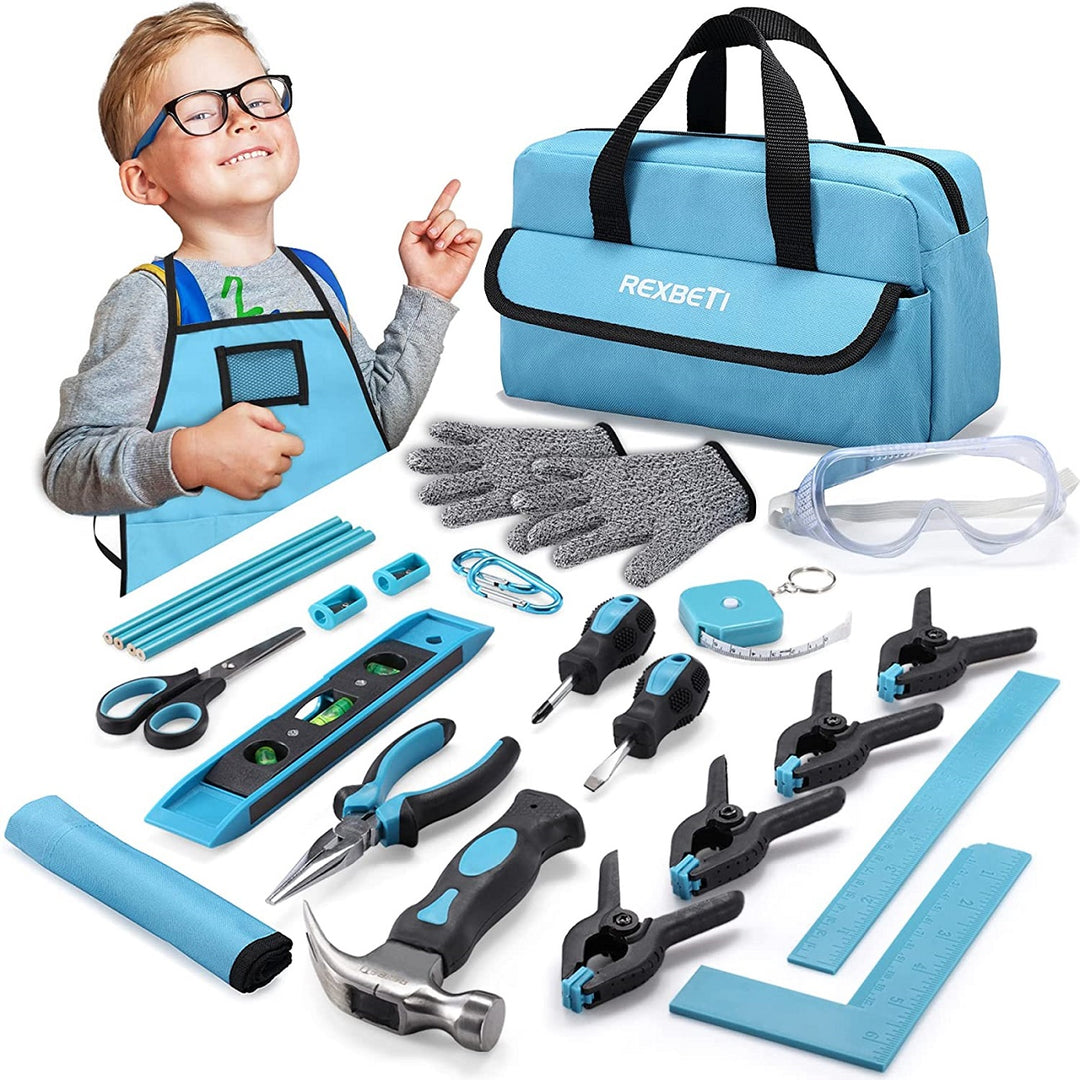 REXBETI 25 Piece Kids Tool Set with Real Hand Tools Blue Storage Bag