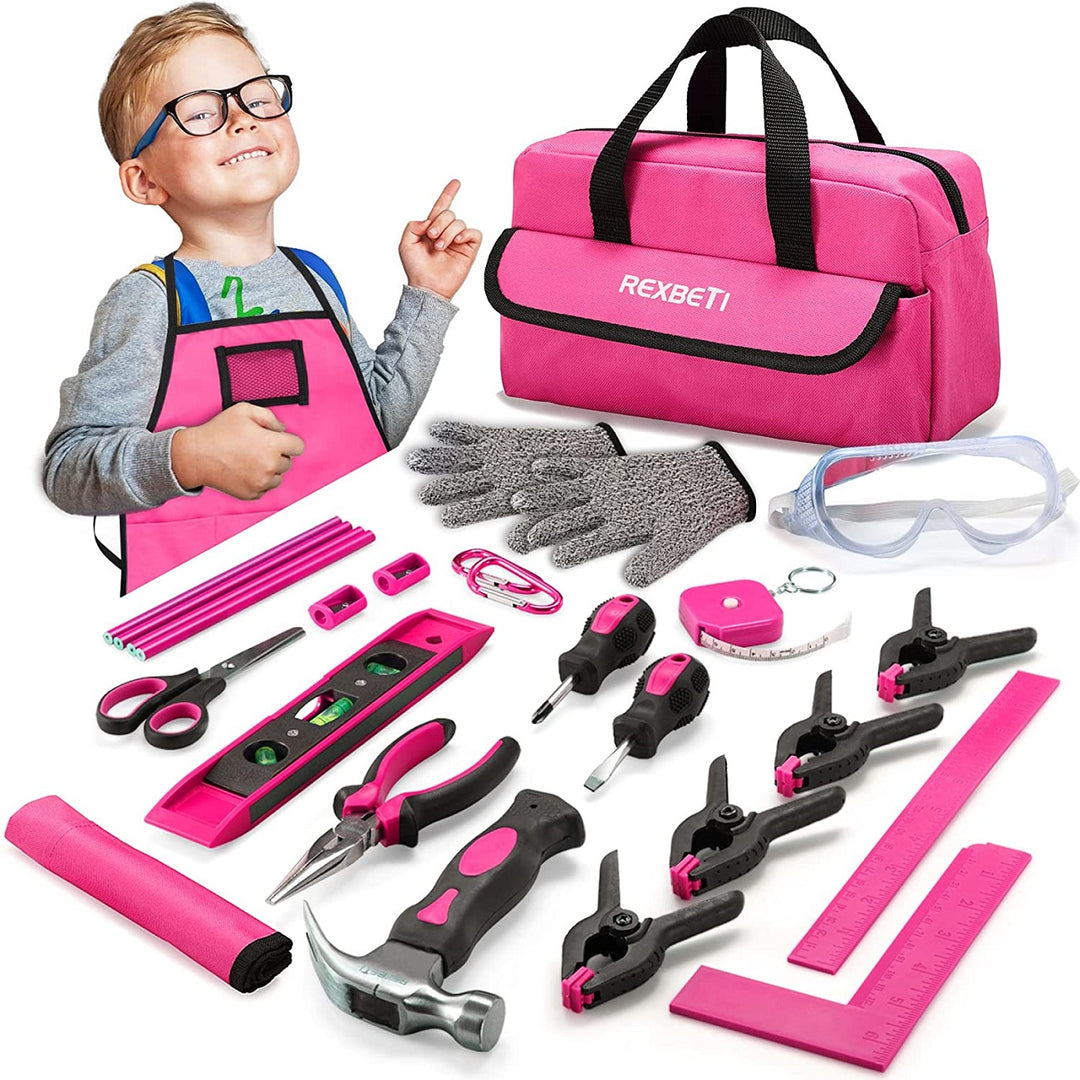 REXBETI 25 Piece Kids Tool Set with Real Hand Tools Pink Storage Bag